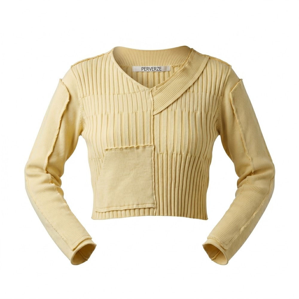 Perverze Ribbed Knit Crop Sweater One Size Cotton Blend Yellow Asymmetric